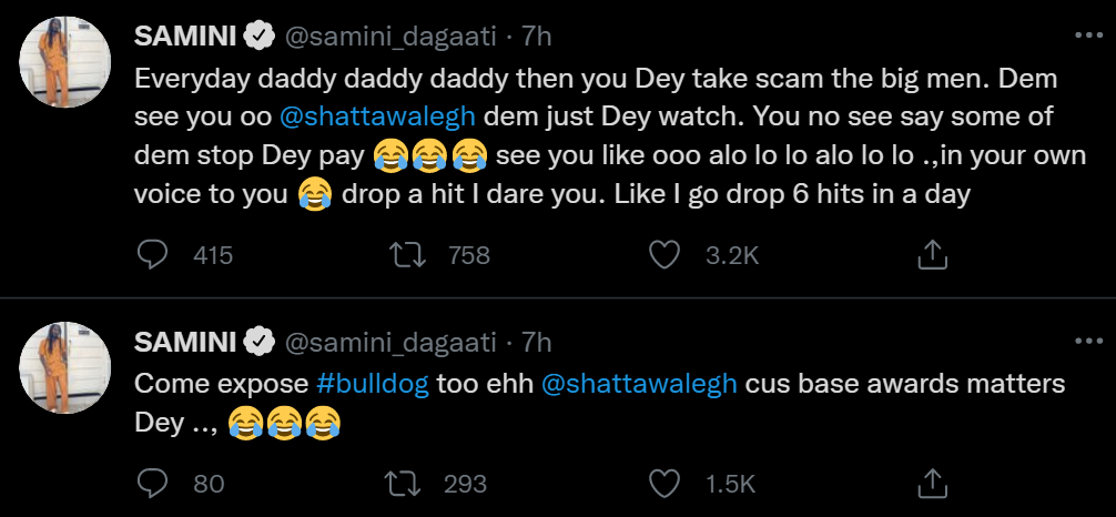 You are always begging people, stop fo*ling - Samini tells Shatta Wale in latest tweets