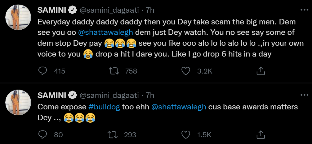 You are always begging people, stop fo*ling - Samini tells Shatta Wale in latest tweets 