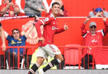 Cristiano Ronaldo celebrates after scoring the opening goal of the match between Manchester United and Newcastle.