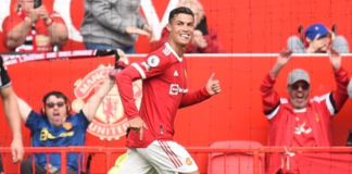 Cristiano Ronaldo celebrates after scoring the opening goal of the match between Manchester United and Newcastle.