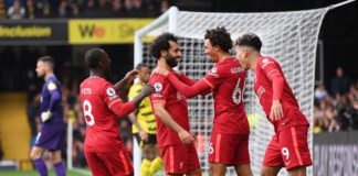 WATFORD, ENGLAND - OCTOBER 16: Mohamed Salah of Liverpool celebrates with teammates Naby Keita, Trent Alexander-Arnold and Roberto Firmino after scoring their side's fourth goal during the Premier League match between Watford and Liverpool at Vicarage Roa Image credit: Getty Images