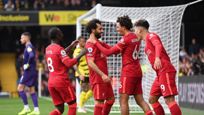 WATFORD, ENGLAND - OCTOBER 16: Mohamed Salah of Liverpool celebrates with teammates Naby Keita, Trent Alexander-Arnold and Roberto Firmino after scoring their side's fourth goal during the Premier League match between Watford and Liverpool at Vicarage Roa Image credit: Getty Images