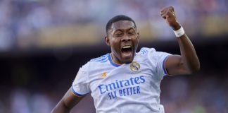 David Alaba of Real Madrid celebrates after scoring his sides first goal during the La Liga Santander match between FC Barcelona and Real Madrid CF at Camp Nou Image credit: Getty Images