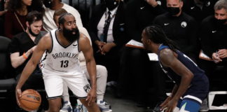 Brooklyn Nets guard James Harden (L) is defended by Minnesota Timberwolves forward Taurean Prince (R) in the first half of the NBA preseason basketball game between the Brooklyn Nets and the Minnesota Timberwolves at Barclays Center in Brooklyn, New York, USA, 14 October 2021. EPA/Peter Foley SHUTTERSTOCK OUT