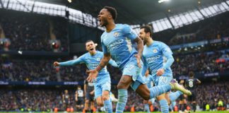 Raheem Sterling of Manchester City celebrates after scoring their side's first goal from the penalty spot during the Premier League match between Manchester City and Wolverhampton Wanderers at Etihad Stadium on December 11, 2021 in Manchester, England Image credit: Getty Images