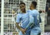 Manchester City's English midfielder Raheem Sterling (L) celebrates with Manchester City's Brazilian striker Gabriel Jesus (R) after scoring their fourth goal during the English Premier League football match between Newcastle United and Manchester City Image credit: Getty Images