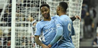 Manchester City's English midfielder Raheem Sterling (L) celebrates with Manchester City's Brazilian striker Gabriel Jesus (R) after scoring their fourth goal during the English Premier League football match between Newcastle United and Manchester City Image credit: Getty Images