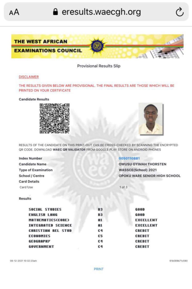 Yaw Tog reacts to his WASSCE result