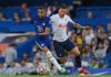 Chelsea's Moroccan midfielder Hakim Ziyech (L) vies with Tottenham Hotspur's Danish midfielder Pierre-Emile Hojbjerg (R) during the pre-season friendly football match between Chelsea and Tottenham Hotspur at Stamford Bridge in London on August 4, 2021. - RESTRICTED TO EDITORIAL USE. No use with unauthorized audio, video, data, fixture lists, club/league logos or 'live' services. Online in-match use limited to 75 images, no video emulation. No use in betting, games or single club/league/player publications. (Photo by Glyn KIRK / AFP) / RESTRICTED TO EDITORIAL USE. No use with unauthorized audio, video, data, fixture lists, club/league logos or 'live' services. Online in-match use limited to 75 images, no video emulation. No use in betting, games or single club/league/player publications. / RESTRICTED TO EDITORIAL USE. No use with unauthorized audio, video, data, fixture lists, club/league logos or 'live' services. Online in-match use limited to 75 images, no video emulation. No use in betting, games or single club/league/player publications. (Photo by GLYN KIRK/AFP via Getty Images)