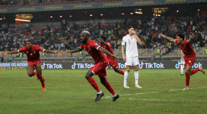 Esteban Orozco Fernandez of Equatorial Guinea celebrates scoring the opening goal during the 2021 Africa Cup of Nations Afcon Finals Algeria v Equatorial Guinea at Japoma Stadium in Douala, Cameroon on 16 January 2022 ©Shaun Roy/BackpagePix