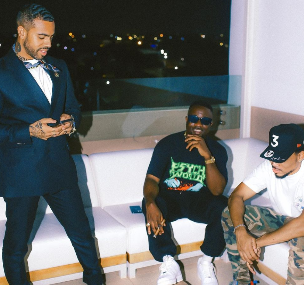 L-R: Vic Mensa, Sarkodie and Chance The Rapper spend some time on a rooftop spot in Ghana