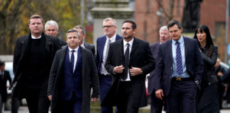 Former Chelsea manager Frank Lampard (centre right) and former Manchester United manager Sir Alex Ferguson (back) attend the memorial service at Glasgow Cathedral. On the 26th October 2021 it was announced that former Scotland, Rangers and Everton manager Walter Smith had died aged 73. Picture date: Friday November 19, 2021. (Photo by Andrew Milligan/PA Images via Getty Images)