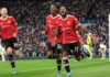 Fred celebrates with Anthony Elanga and Scott McTominay of Manchester United after scoring their team's third goal during the Premier League match between Leeds United and Manchester United at Elland Road on February 20, 2022 Image credit: Getty Images