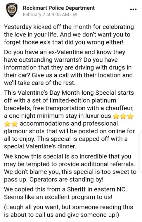 Report your exes for arrest – Georgia police give special offer ahead of Vals Day