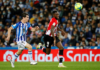 Real Sociedad's defender Aritz Elustondo (L) in action against Athletic Bilbao's striker Inaki Williams (R) during the Spanish LaLiga soccer match between Real Sociedad and Athletic Club Bilbao held at Reale Arena stadium, in San Sebastian, northern Spain, 31 October 2021. EPA/Juan Herrero