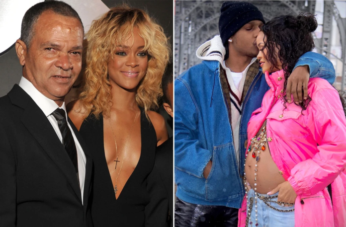 Rihanna’s father, Ronald Fenty (far left), told Page Six he is “ecstatic” about his daughter’s pregnancy and says she will be a good mom. WireImage; DIGGZY/Shutterstock