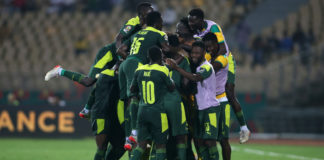 Senegal celebrate Abdou Lakhad Diallo of Senegal opening goal during the 2021 Africa Cup of Nations Afcon Finals Semifinal match between Burkina Faso and Senegal held at Ahmadou Ahidjo Stadium in Yaounde, Cameroon on 02 February 2022 ©Shaun Roy/BackpagePix