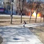 The missile destroyed a tram and partially hit a residential building ( Image: APonomarenko/Twitter)