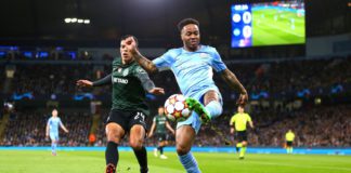 Porro of Sporting Clube de Portugal and Raheem Sterling of Manchester City during the UEFA Champions League Round Of Sixteen Leg Two match between Manchester City and Sporting CP at City of Manchester Stadium on March 9, 2022 Image credit: Getty Images