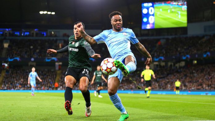 Porro of Sporting Clube de Portugal and Raheem Sterling of Manchester City during the UEFA Champions League Round Of Sixteen Leg Two match between Manchester City and Sporting CP at City of Manchester Stadium on March 9, 2022 Image credit: Getty Images