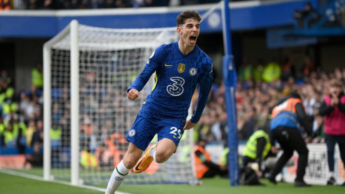 Kai Havertz of Chelsea celebrates after scoring their sides first goal during the Premier League match between Chelsea and Newcastle United at Stamford Bridge on March 13, 2022 in London, England Image credit: Getty Images