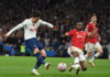 Tottenham's Son Heung-Min (L) in action against Manchester United's Aaron Wan-Bissaka (R) during the English Premier League soccer match between Tottenham Hotspur and Manchester United in London, Britain, 30 October 2021. EPA/ANDY RAIN EDITORIAL USE ONLY. No use with unauthorized audio, video, data, fixture lists, club/league logos or 'live' services. Online in-match use limited to 120 images, no video emulation. No use in betting, games or single club/league/player publications