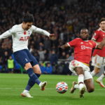 Tottenham's Son Heung-Min (L) in action against Manchester United's Aaron Wan-Bissaka (R) during the English Premier League soccer match between Tottenham Hotspur and Manchester United in London, Britain, 30 October 2021. EPA/ANDY RAIN EDITORIAL USE ONLY. No use with unauthorized audio, video, data, fixture lists, club/league logos or 'live' services. Online in-match use limited to 120 images, no video emulation. No use in betting, games or single club/league/player publications