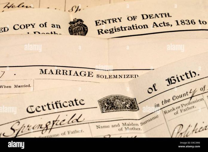 certified-copies-of-birth-marriage-and-death-registers - Get this image on: Alamy