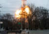 A blast is seen in the TV tower, amid Russia’s invasion of Ukraine, in Kyiv, Ukraine March 1, 2022 [Carlos Barria/Reuters]