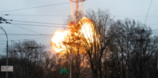 A blast is seen in the TV tower, amid Russia’s invasion of Ukraine, in Kyiv, Ukraine March 1, 2022 [Carlos Barria/Reuters]