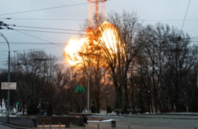 A blast is seen in the TV tower, amid Russia’s invasion of Ukraine, in Kyiv, Ukraine March 1, 2022 [Carlos Barria/Reuters]