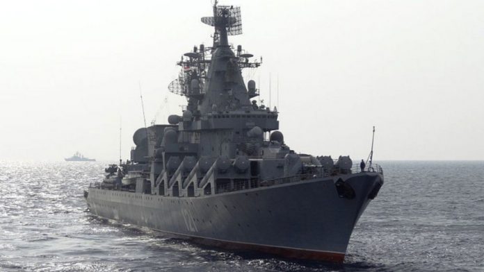 The Moskva patrolling the Mediterranean Sea off the coast of Syria. Image source: MAX DELANY/AFP