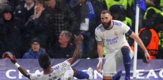 Karim Benzema of Real Madrid celebrates after scoring their team's second goal during the UEFA Champions League Quarter Final Leg One match between Chelsea FC and Real Madrid at Stamford Bridge on April 06, 2022 in London, England Image credit: Getty Images