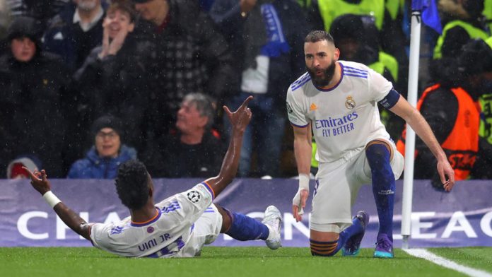 Karim Benzema of Real Madrid celebrates after scoring their team's second goal during the UEFA Champions League Quarter Final Leg One match between Chelsea FC and Real Madrid at Stamford Bridge on April 06, 2022 in London, England Image credit: Getty Images
