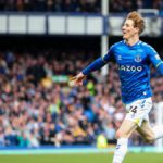 Anthony Gordon of Everton celebrates after scoring a goal to make it 1-0 during the Premier League match between Everton and Manchester United at Goodison Park Image credit: Getty Images