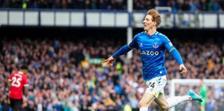 Anthony Gordon of Everton celebrates after scoring a goal to make it 1-0 during the Premier League match between Everton and Manchester United at Goodison Park Image credit: Getty Images