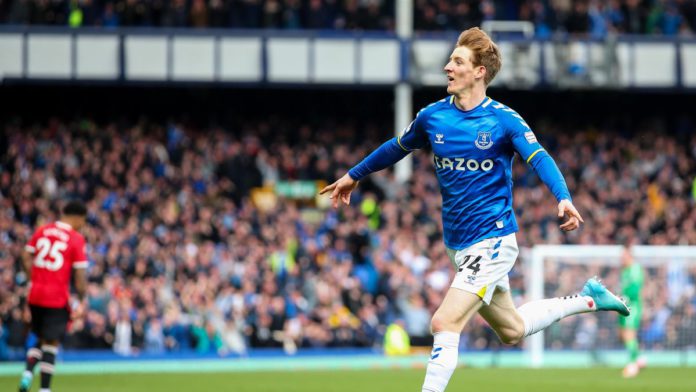 Anthony Gordon of Everton celebrates after scoring a goal to make it 1-0 during the Premier League match between Everton and Manchester United at Goodison Park Image credit: Getty Images
