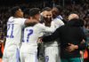 MADRID, SPAIN - APRIL 12: Karim Benzema of Real Madrid celebrates with teammates after scoring their team's second goal during the UEFA Champions League Quarter Final Leg Two match between Real Madrid and Chelsea FC at Estadio Santiago Bernabeu on April 1 Image credit: Getty Images