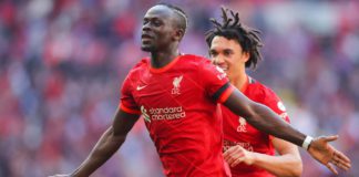 LONDON, ENGLAND - APRIL 16: Sadio Mane of Liverpool celebrates after scoring his side's third goal during The Emirates FA Cup Semi-Final match between Manchester City and Liverpool at Wembley Stadium on April 16, 2022 in London, England. (Photo by James G Image credit: Getty Images