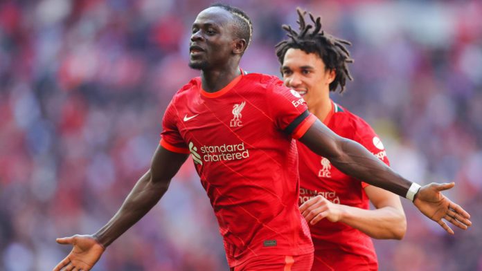 LONDON, ENGLAND - APRIL 16: Sadio Mane of Liverpool celebrates after scoring his side's third goal during The Emirates FA Cup Semi-Final match between Manchester City and Liverpool at Wembley Stadium on April 16, 2022 in London, England. (Photo by James G Image credit: Getty Images