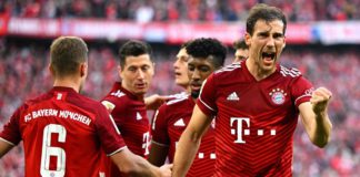 Leon Goretzka celebrates after team-mate Robert Lewandowski's goal for Bayern Munich during the Bundesliga match between Bayern Munich and Borussia Dortmund at Allianz Arena on April 23, 2022 in Munich, Germany Image credit: Getty Images