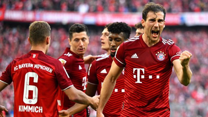 Leon Goretzka celebrates after team-mate Robert Lewandowski's goal for Bayern Munich during the Bundesliga match between Bayern Munich and Borussia Dortmund at Allianz Arena on April 23, 2022 in Munich, Germany Image credit: Getty Images