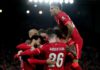 Andy Robertson, Luis Diaz, Ibrahima Konate of Liverpool celebrate during the UEFA Champions League semi-final first leg match between Liverpool and Villarreal at Anfield Image credit: Getty Images