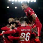 Andy Robertson, Luis Diaz, Ibrahima Konate of Liverpool celebrate during the UEFA Champions League semi-final first leg match between Liverpool and Villarreal at Anfield Image credit: Getty Images