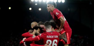 Andy Robertson, Luis Diaz, Ibrahima Konate of Liverpool celebrate during the UEFA Champions League semi-final first leg match between Liverpool and Villarreal at Anfield Image credit: Getty Images