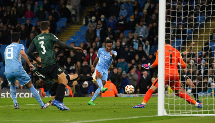 Manchester City's Raheem Sterling misses a chance on goal during the UEFA Champions League round of sixteen second leg match at the Etihad Stadium, Manchester. Picture date: Wednesday March 9, 2022.