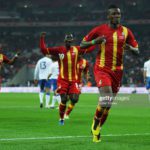 LONDON, ENGLAND - MARCH 29: Asamoah Gyan (R) of Ghana celebrates after he scores the equalising goal during the international friendly match between England and Ghana at Wembley Stadium on March 29, 2011 in London, England. (Photo by Julian Finney/Getty Images)