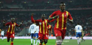 LONDON, ENGLAND - MARCH 29: Asamoah Gyan (R) of Ghana celebrates after he scores the equalising goal during the international friendly match between England and Ghana at Wembley Stadium on March 29, 2011 in London, England. (Photo by Julian Finney/Getty Images)