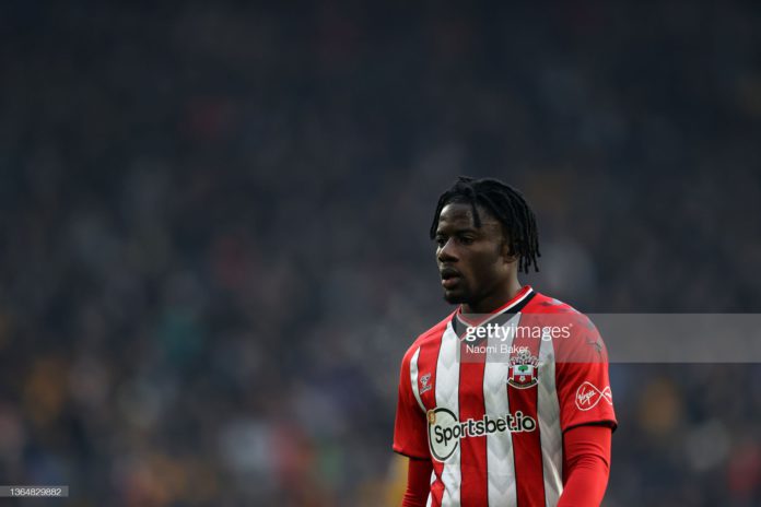 WOLVERHAMPTON, ENGLAND - JANUARY 15: Mohammed Salisu of Southampton looks on during the Premier League match between Wolverhampton Wanderers and Southampton at Molineux on January 15, 2022 in Wolverhampton, England. (Photo by Naomi Baker/Getty Images)