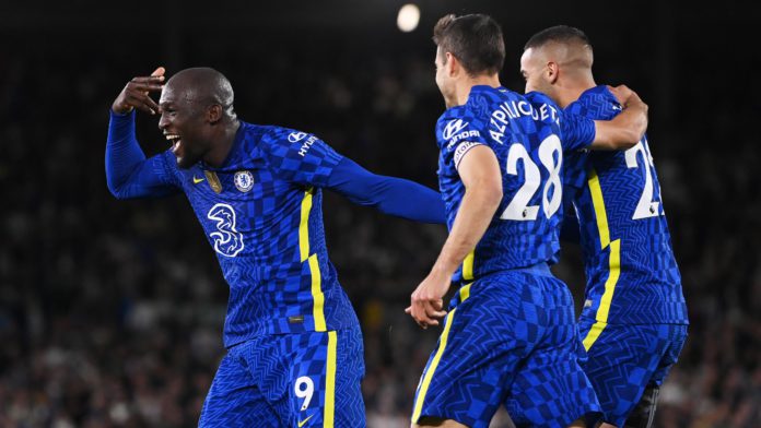 Romelu Lukaku of Chelsea celebrates after scoring their side's third goal with Hakim Ziyech during the Premier League match between Leeds United and Chelsea at Elland Road on May 11, 2022 in Leeds, England. (Photo by Stu Forster/Getty Images) Image credit: Getty Images